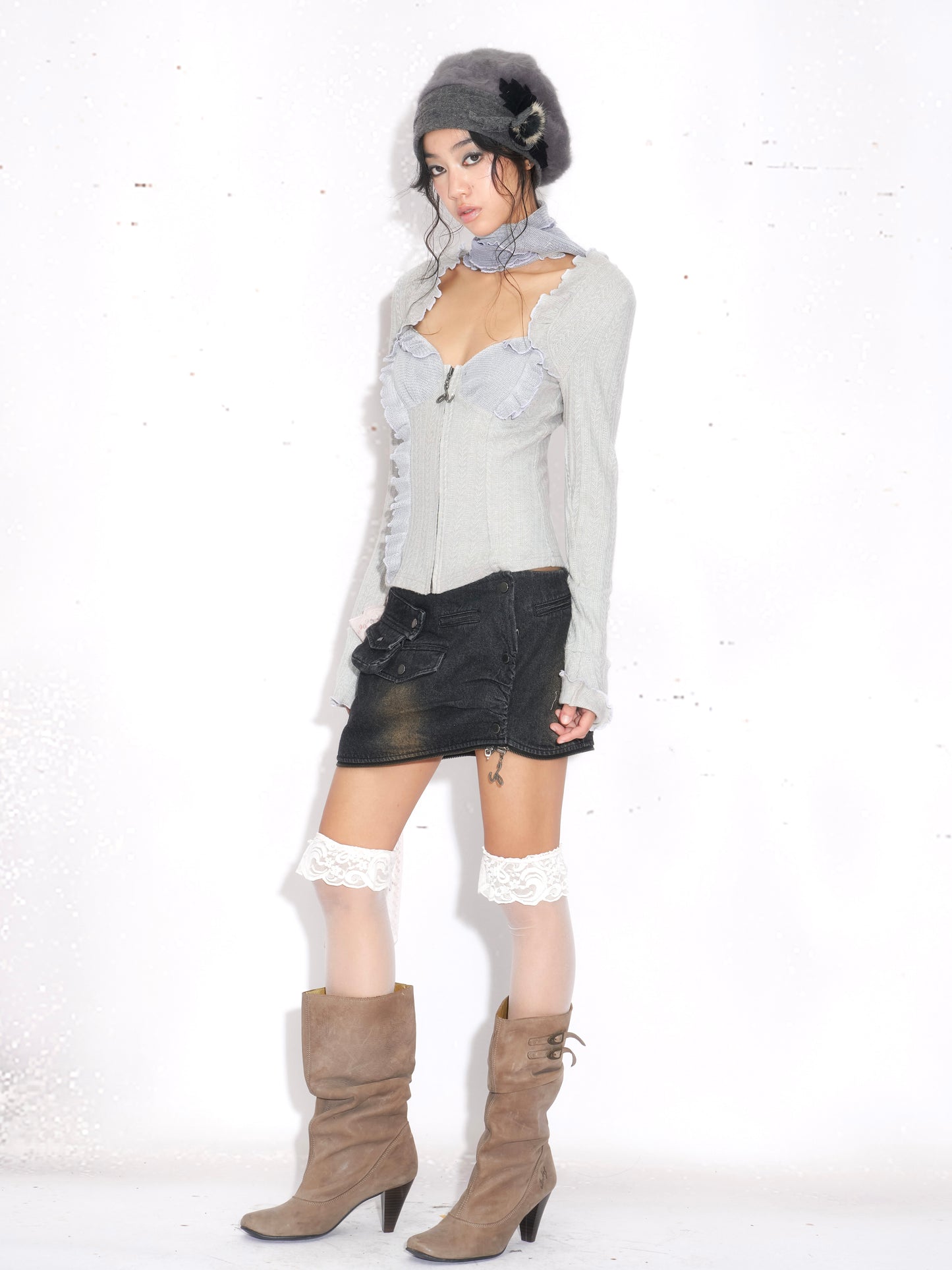 Lace-Trim Knit Tank and Cardigan Set with Scarf