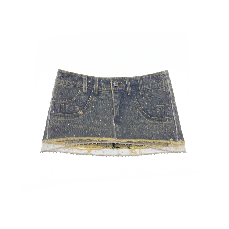 Lace-Trim Denim Skorts with Raw Hem in Distressed Wash