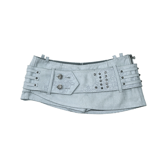 Heavy-Duty Rivet-Embroidered Belted Washed Leather Skort