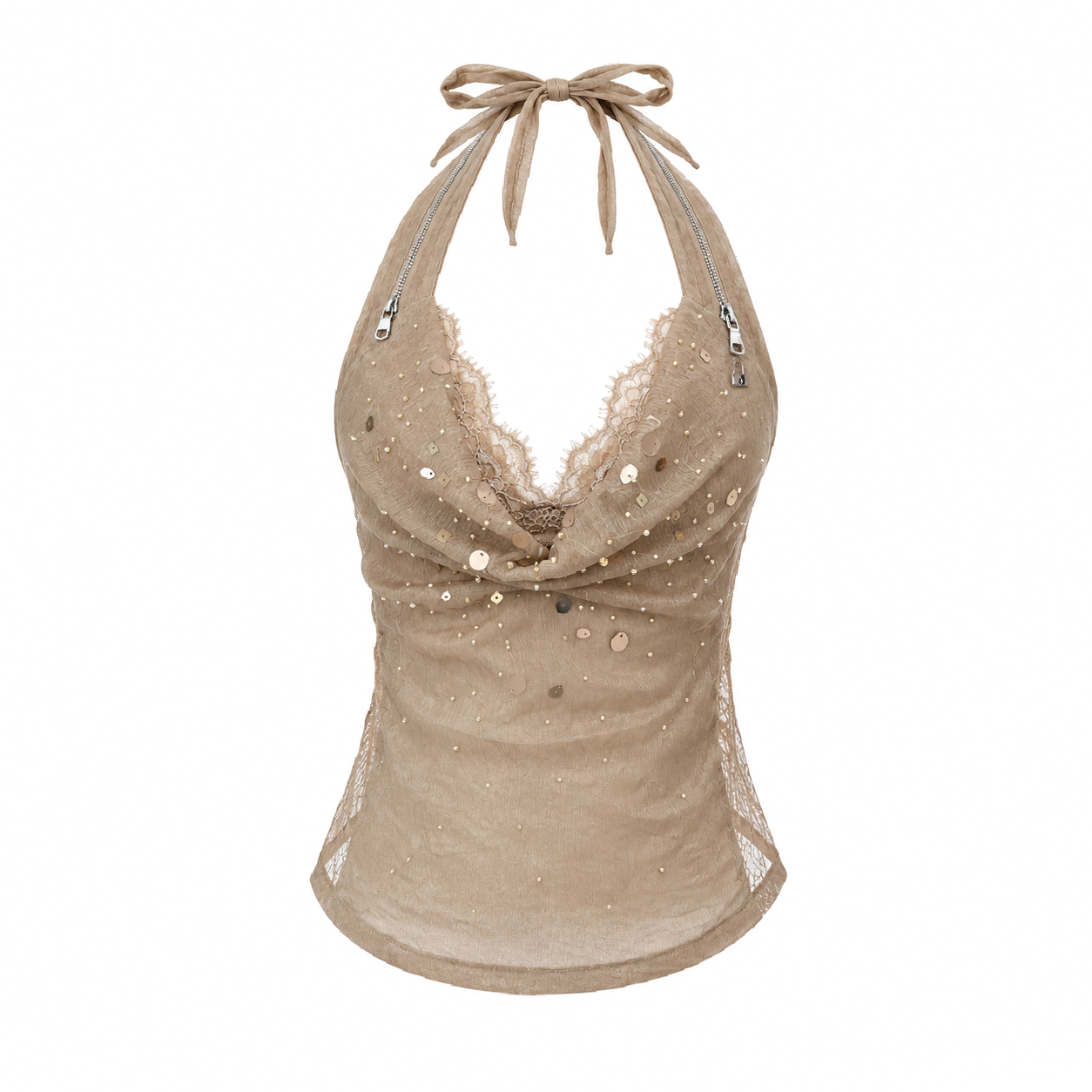 Sequin Lace Halter Top with Drape Neck and Faux Two-Piece Design