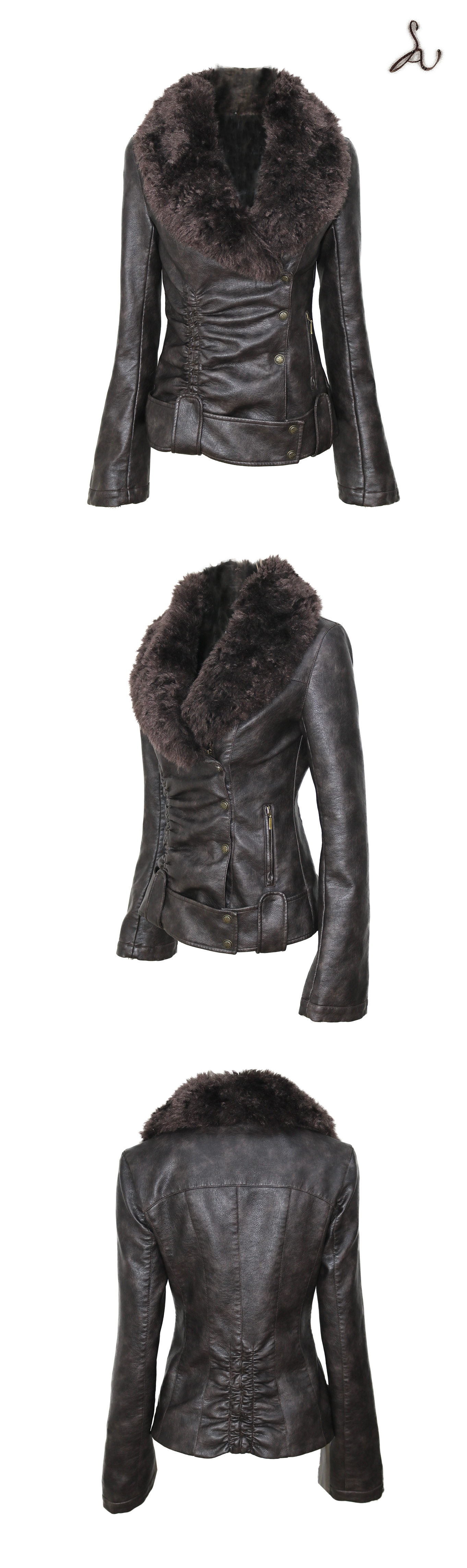 Gathered Leather Jacket with Fur Collar