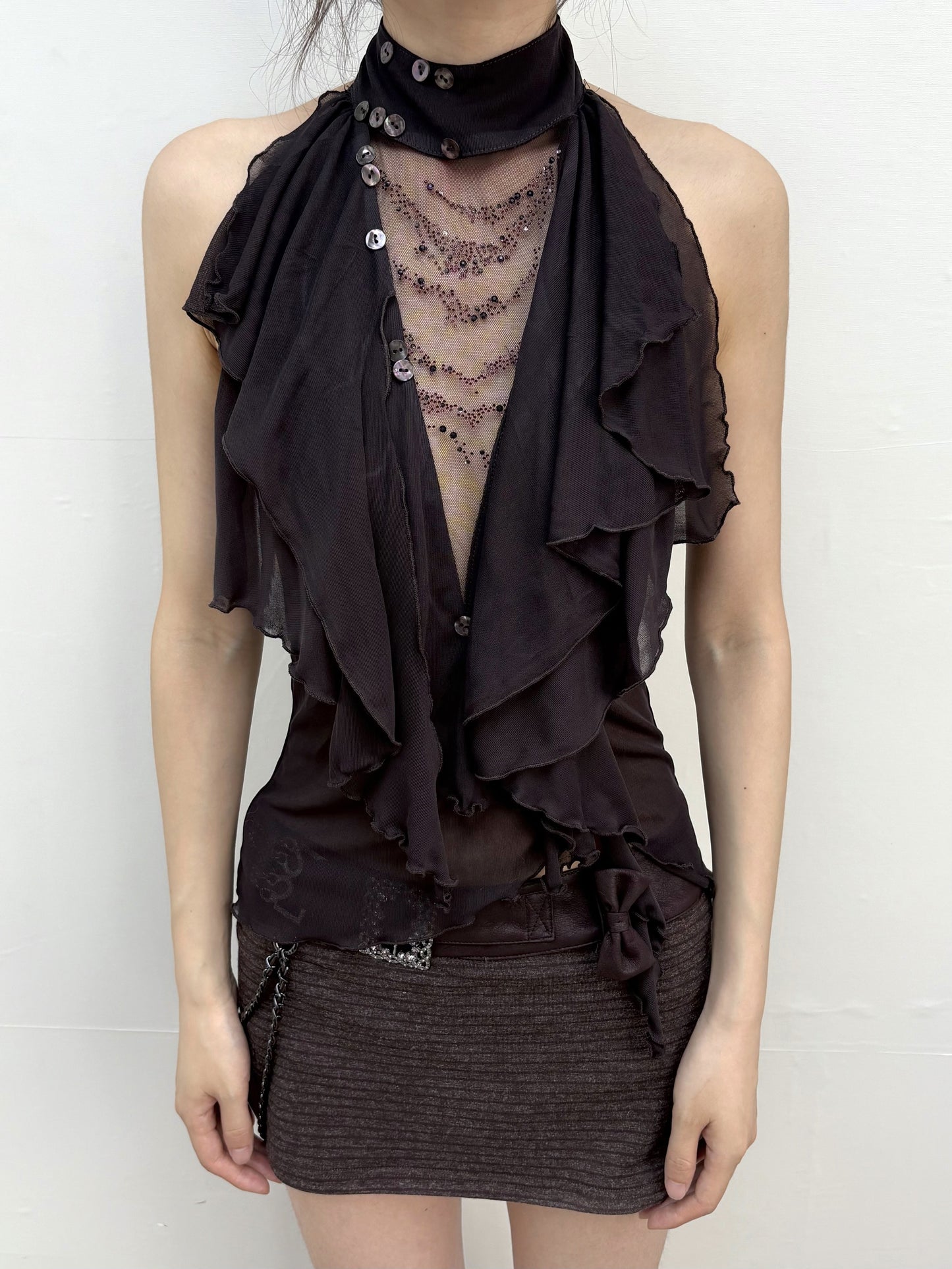 Rhinestone Ruffle Sheer Mesh Halter Top with Open Back