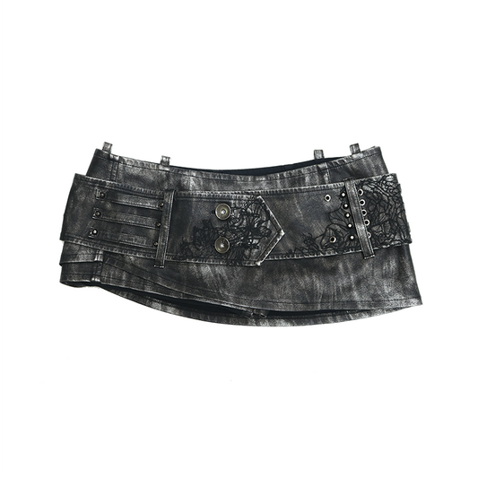 Heavy-Duty Rivet-Embroidered Belted Washed Leather Skort