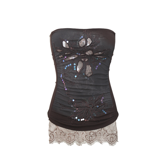 Sequin-Embroidered Lace Paneled Tube Top with Cut-Out Details