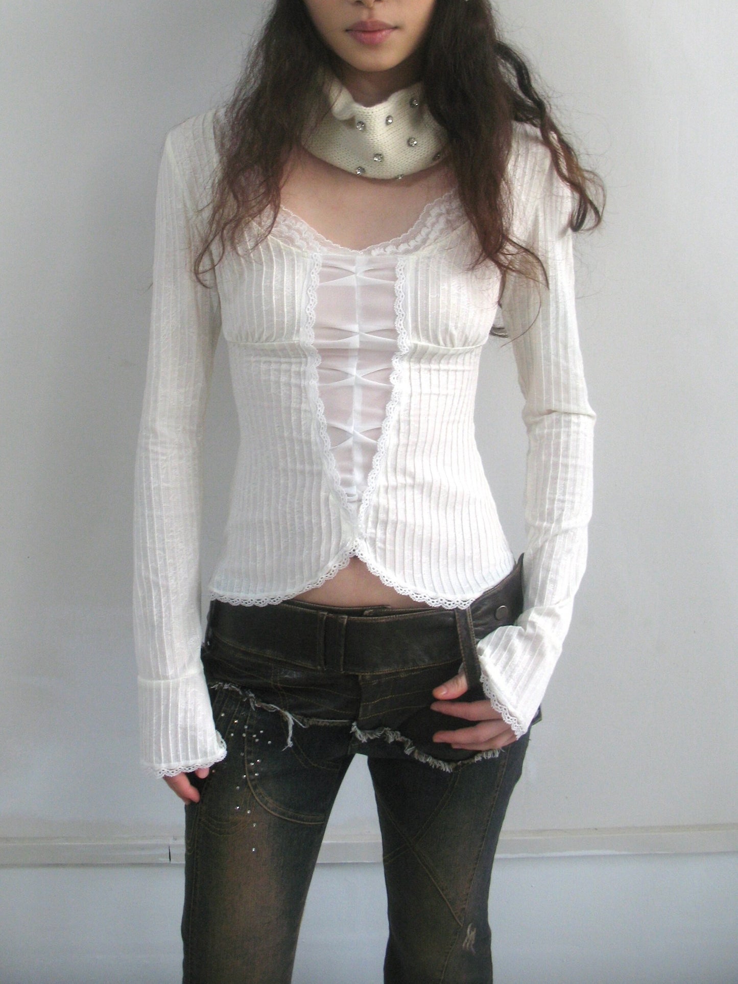 French Lace-Trim White Knit Top