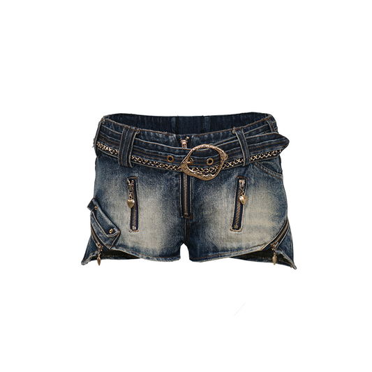 Distressed Low-Rise Denim Shorts with Chain and Zipper Details
