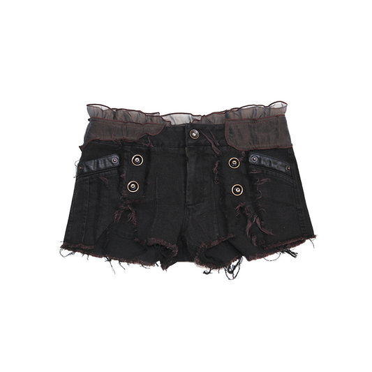 Ruffle-Trimmed Washed Denim Shorts with Mesh Panels and Raw Hem