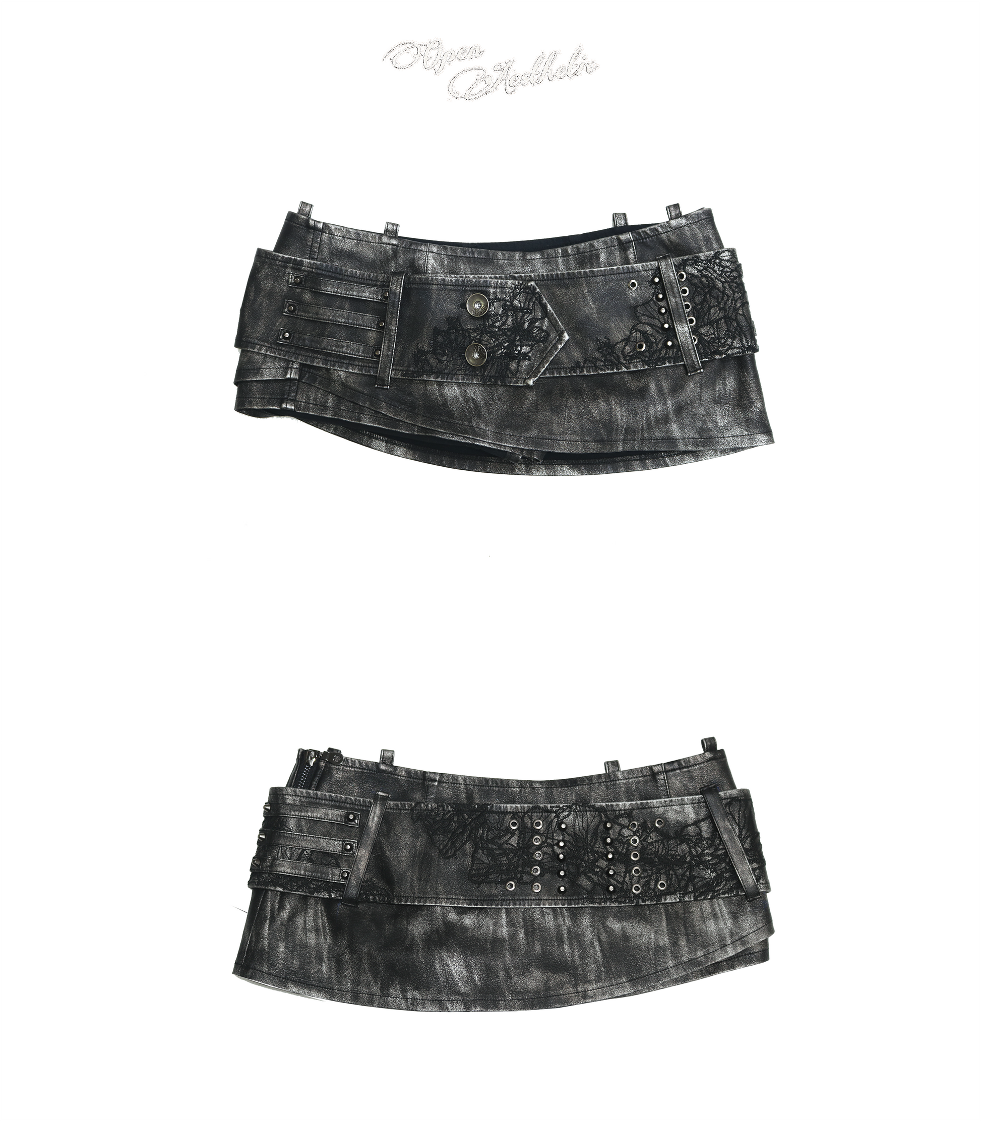 Heavy-Duty Rivet-Embroidered Belted Washed Leather Skort