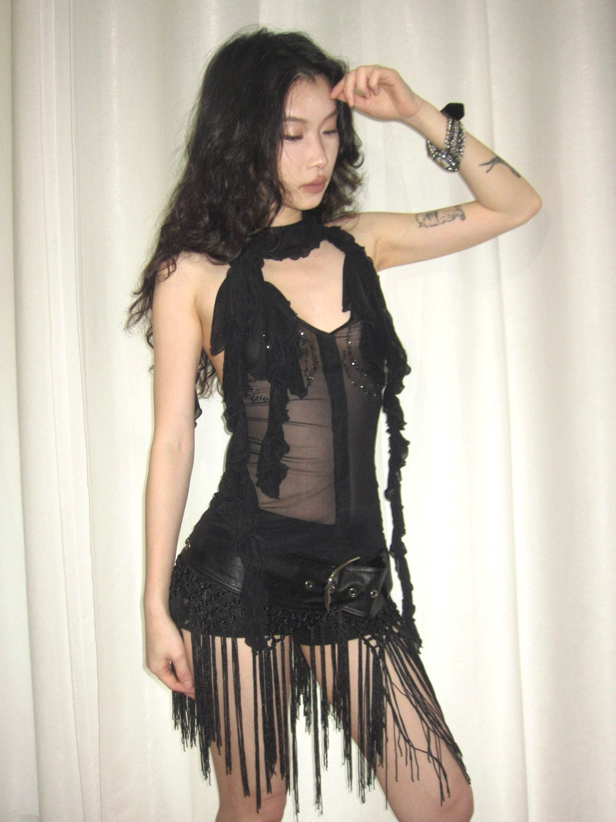 Studded Leather-Belt Crochet Fringe Skirt & Leggings Set