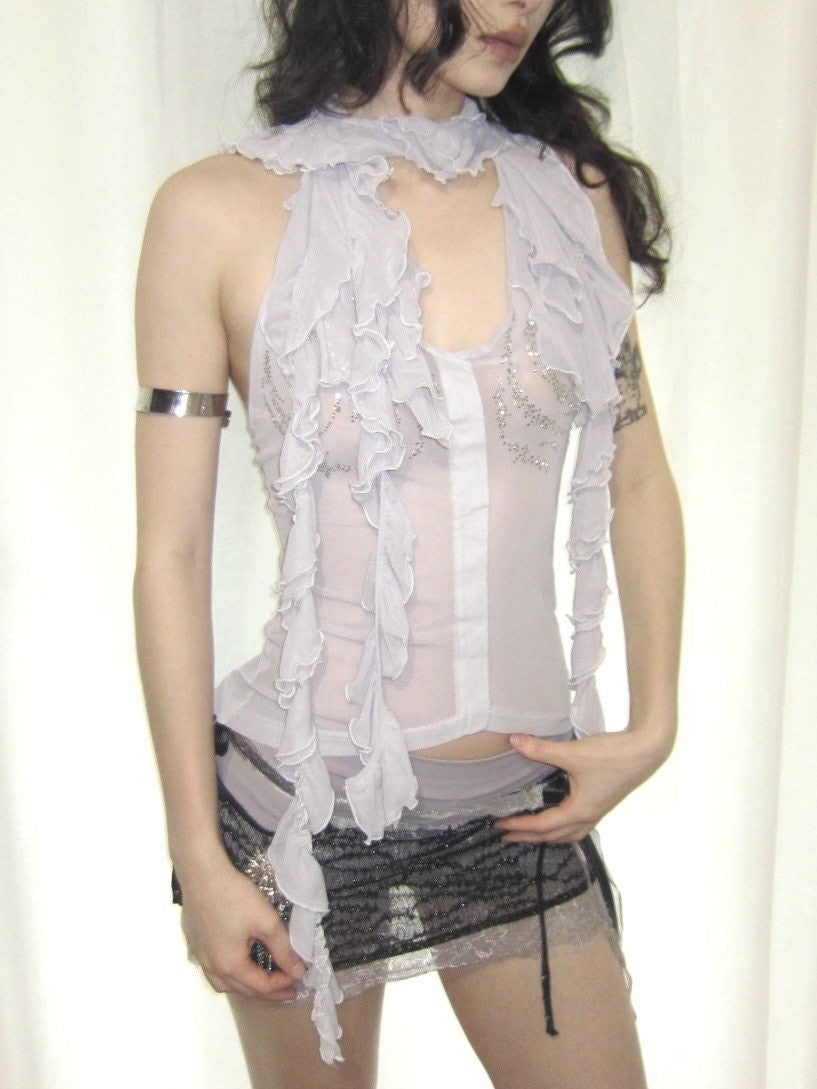 Rhinestone Mesh Halter Top with Ruffle Trim and Neck Ties