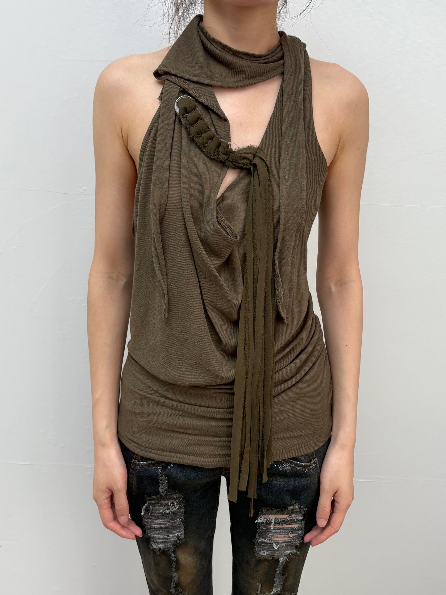 Stretch Knit Halter Top with Draped Cowl Neck