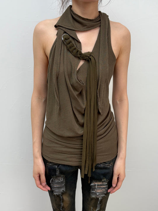 Stretch Knit Halter Top with Draped Cowl Neck