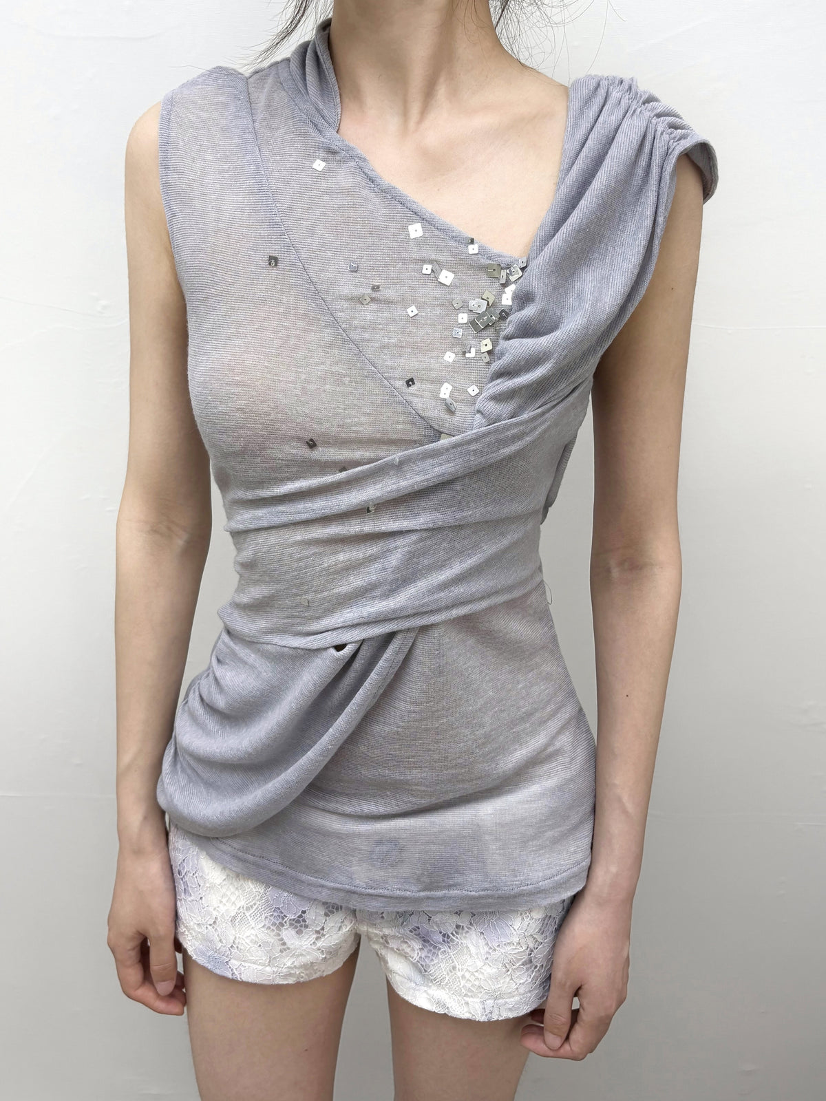 Stretch Knit Asymmetric Shoulder Draped-Neck Sequin Top
