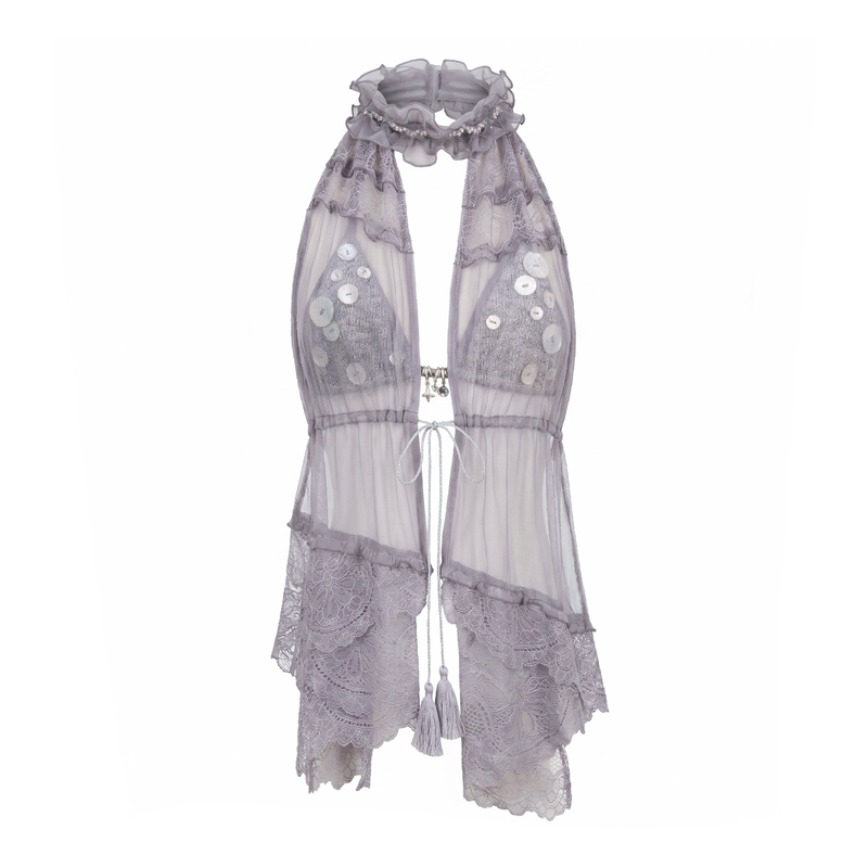 Two-Piece Set: Halter Bustier with Sheer Mesh & Lace Cover-Up