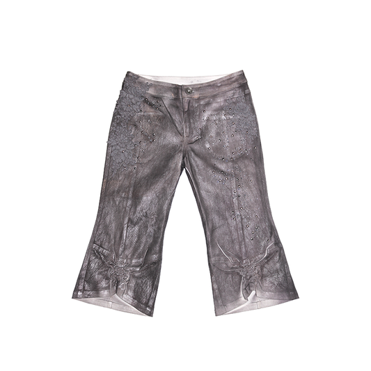 Foil-Printed Crushed Embroidered Mid-Length Shorts with Crystal Accents