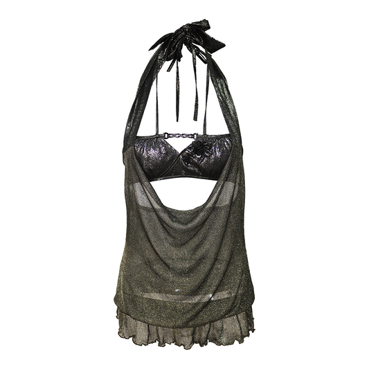 Lurex Draped Cowl Neck Tank & Halter Bralette 2-Piece Set