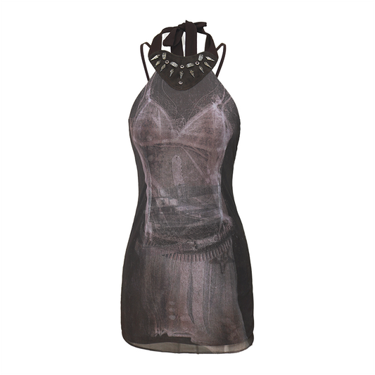 Printed Fitted Halter Dress with Metallic Rivet & Crystal Embellishment