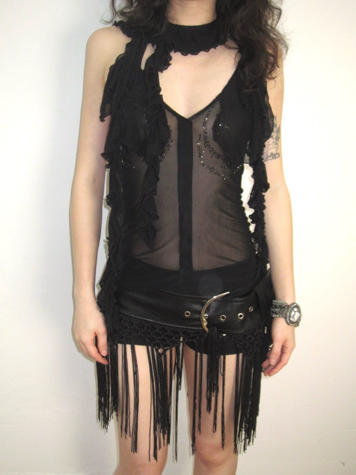 Studded Leather-Belt Crochet Fringe Skirt & Leggings Set