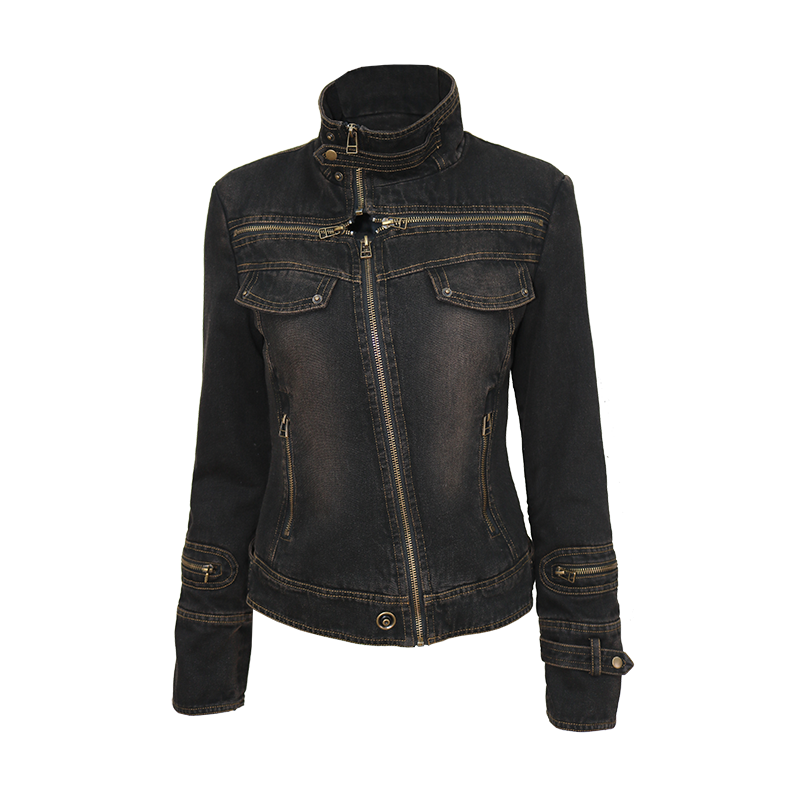 Distressed Washed Denim Jacket with Cross Zip and Quilted Lining