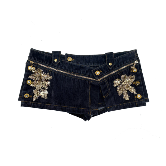 Low-Rise Velvet Denim Skirt Shorts with Detachable Embroidered Patch & Crystal Buttons