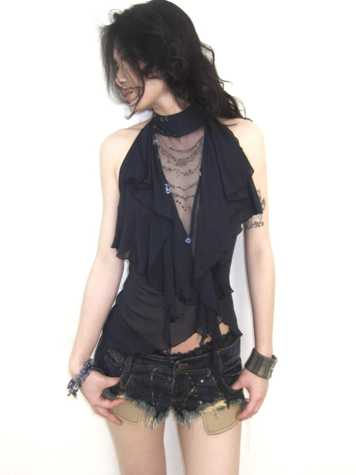 Rhinestone Ruffle Sheer Mesh Halter Top with Open Back