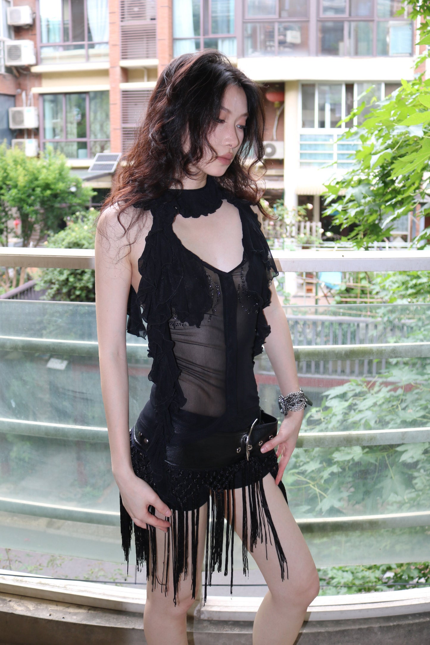 Rhinestone Mesh Halter Top with Ruffle Trim and Neck Ties