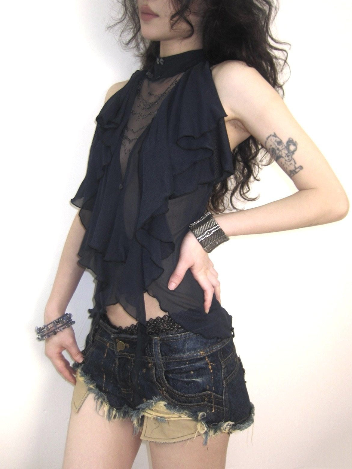 Rhinestone Ruffle Sheer Mesh Halter Top with Open Back