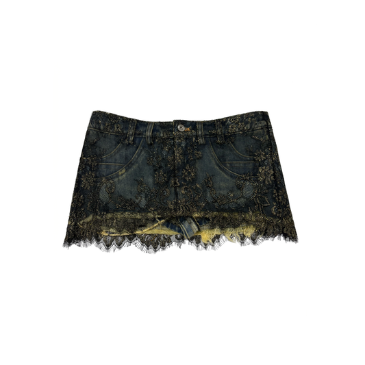 Lace-Trim Denim Skorts with Raw Hem in Distressed Wash