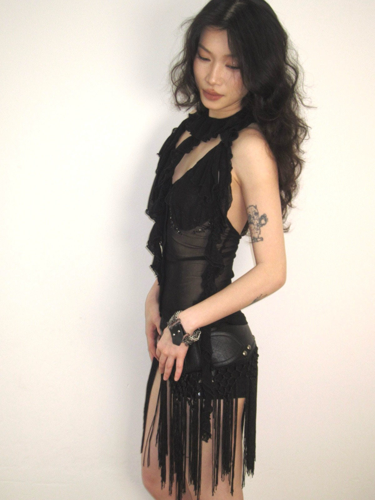 Rhinestone Mesh Halter Top with Ruffle Trim and Neck Ties