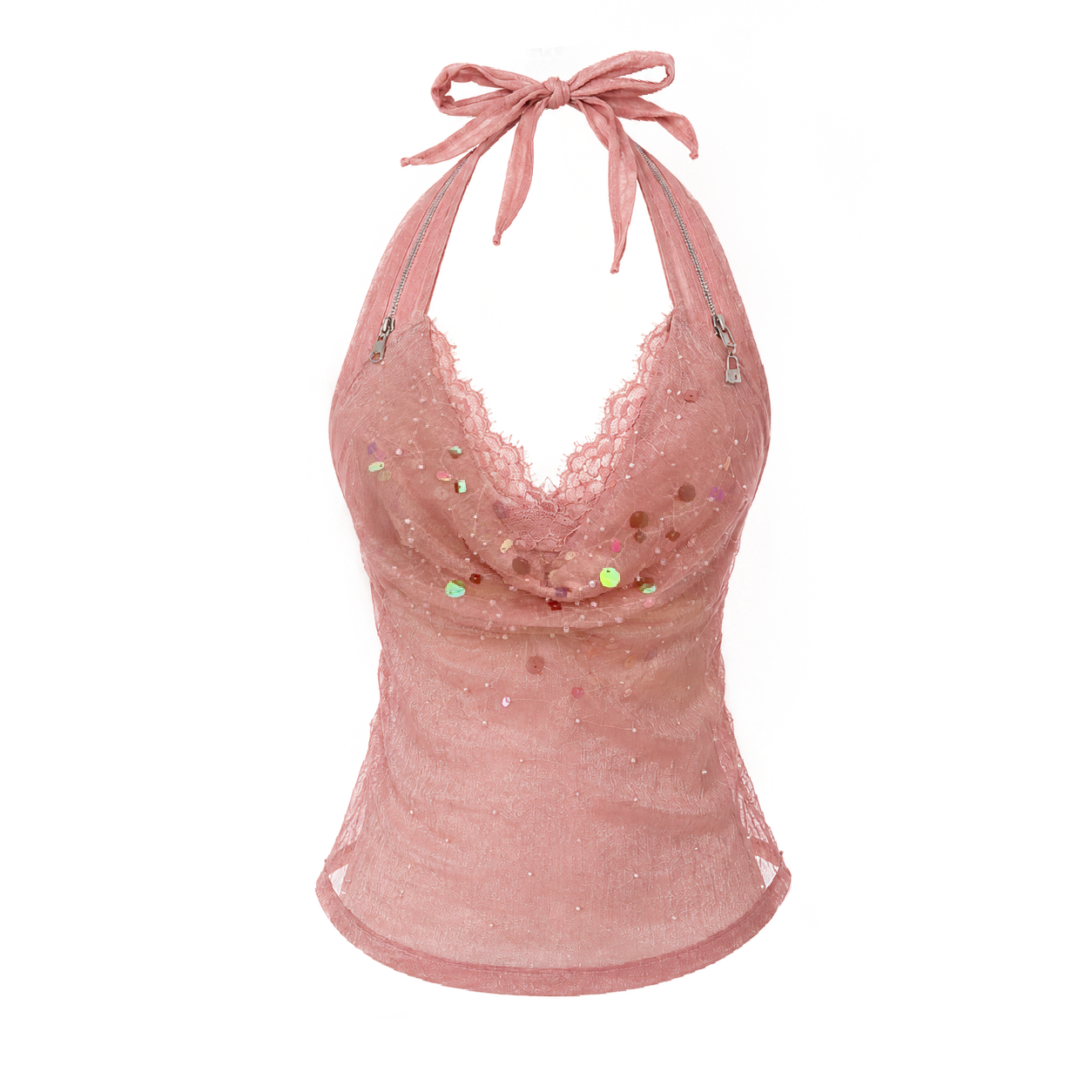 Sequin Lace Halter Top with Drape Neck and Faux Two-Piece Design