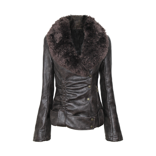 Gathered Leather Jacket with Fur Collar
