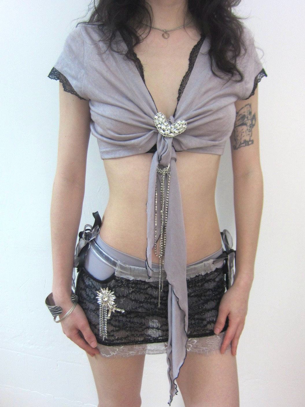 Rhinestone Lace-Up Mini Skirt & Leggings Two-Piece Set