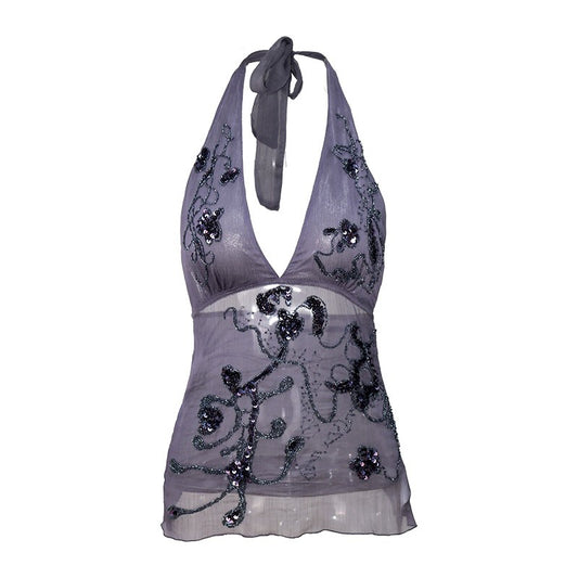 Purple Halter Neck Top with Bead & Sequin Embellishment