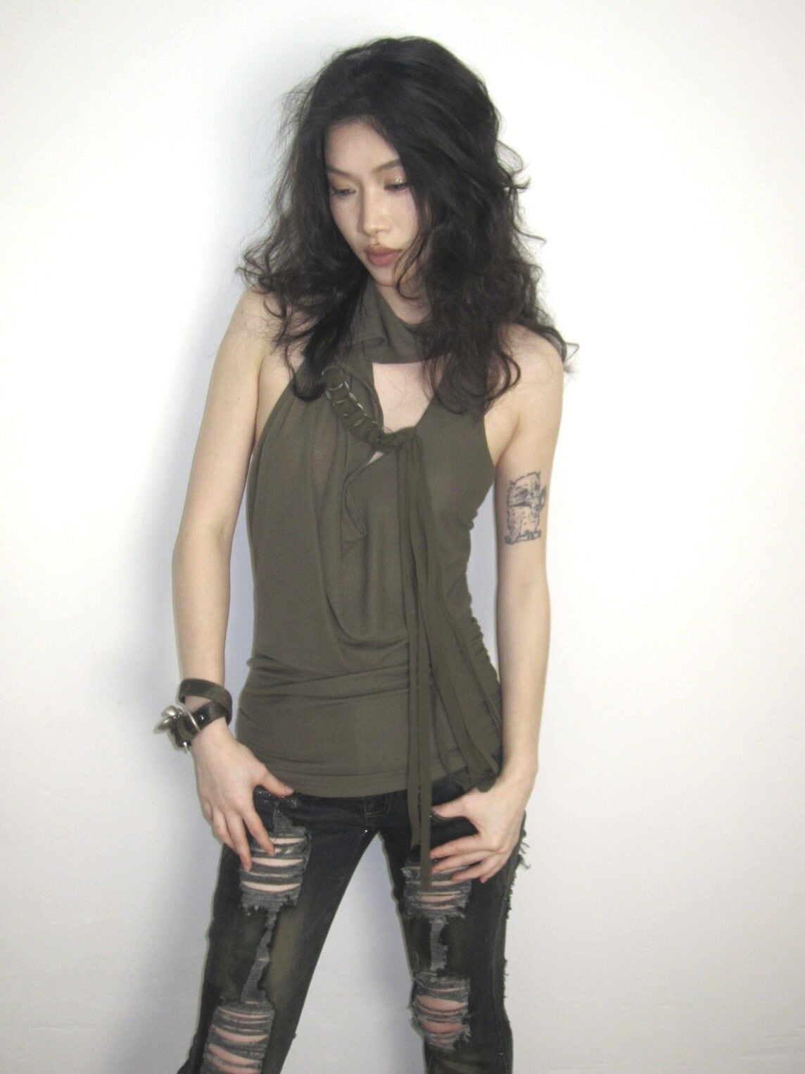 Stretch Knit Halter Top with Draped Cowl Neck