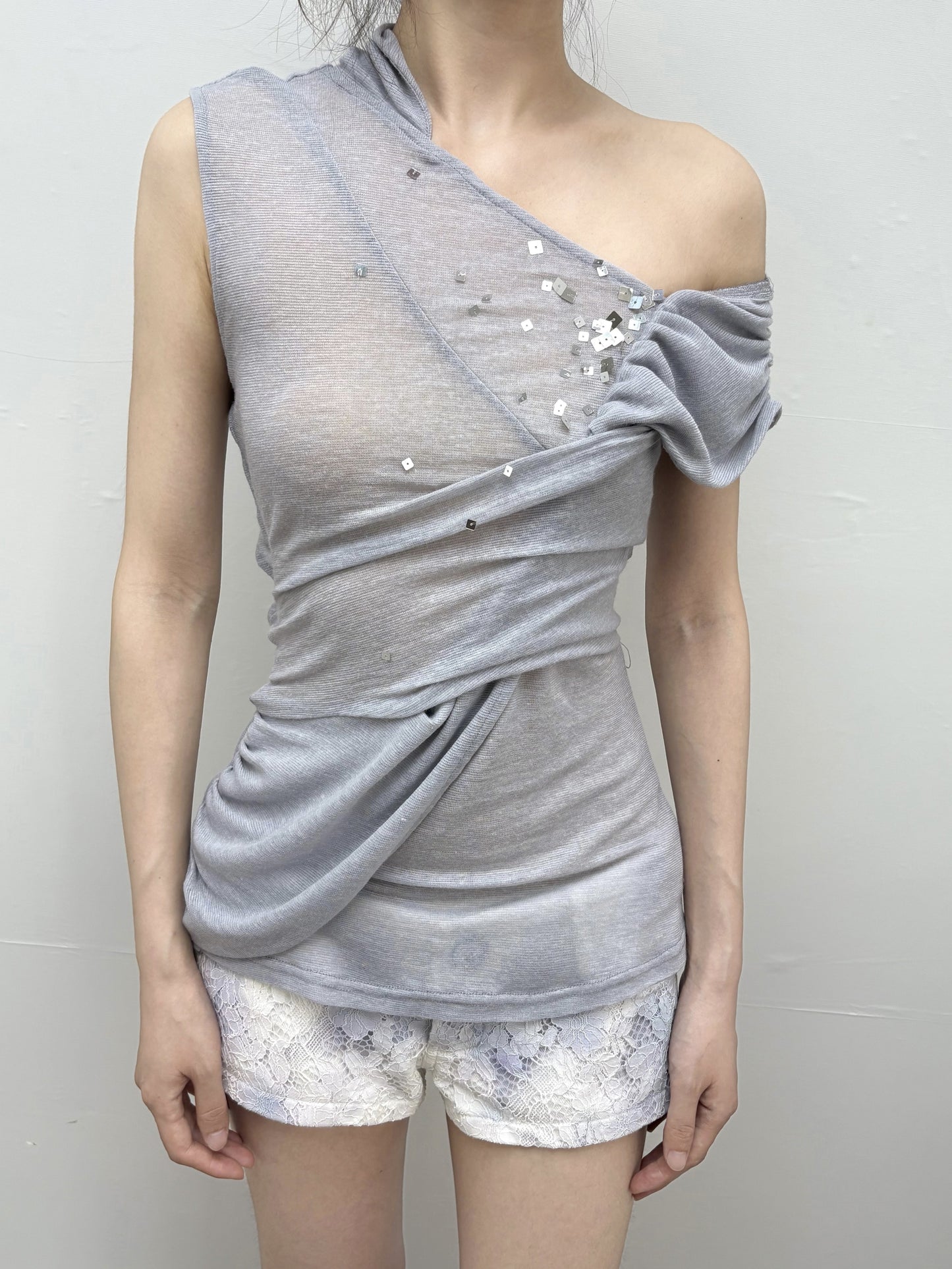 Stretch Knit Asymmetric Shoulder Draped-Neck Sequin Top