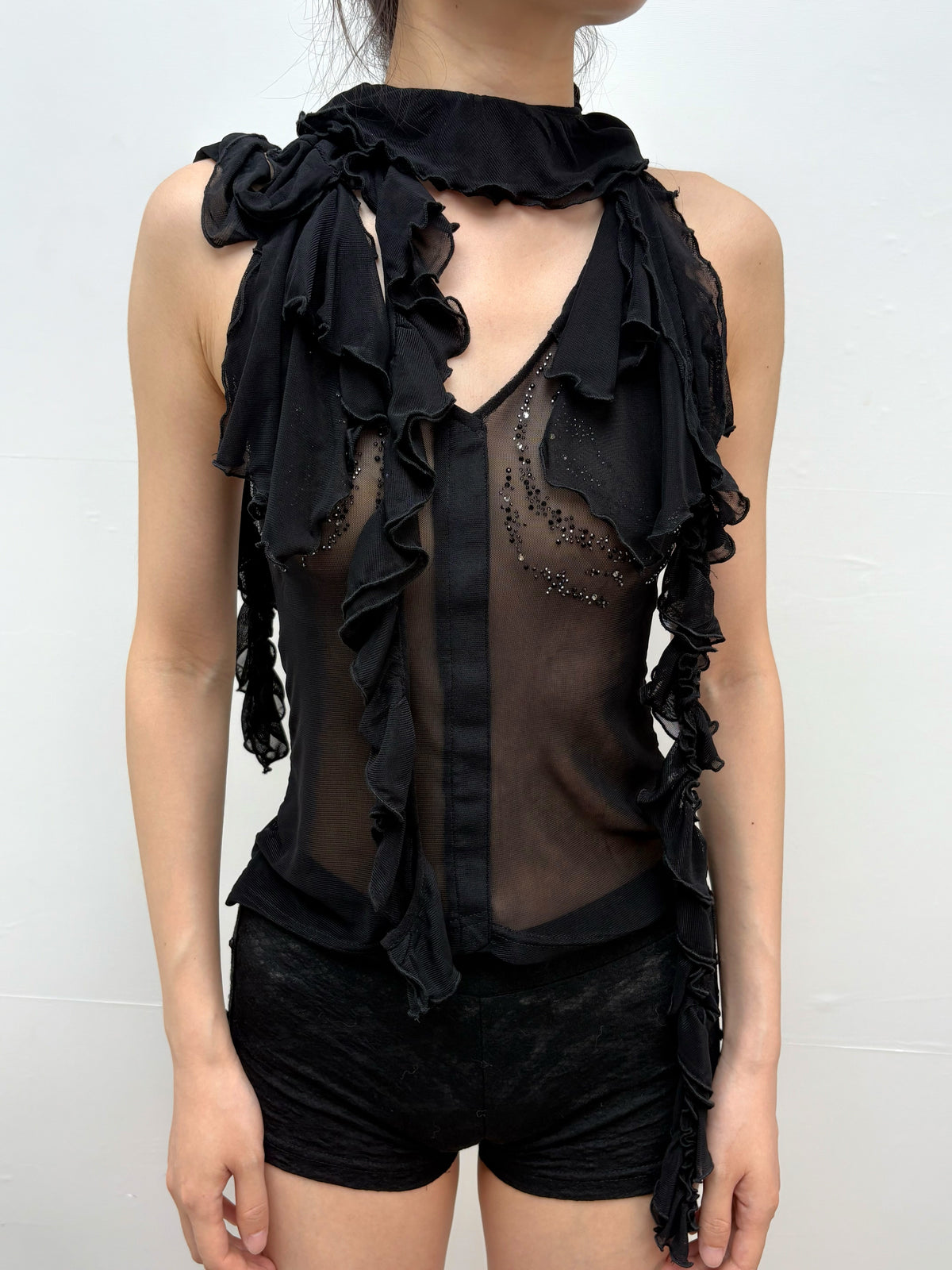 Rhinestone Mesh Halter Top with Ruffle Trim and Neck Ties