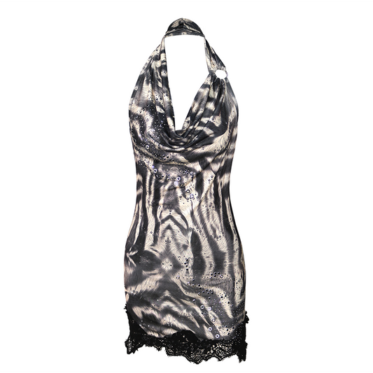 Print-and-Crystal Embellished Lace Dress with Cowl Hem