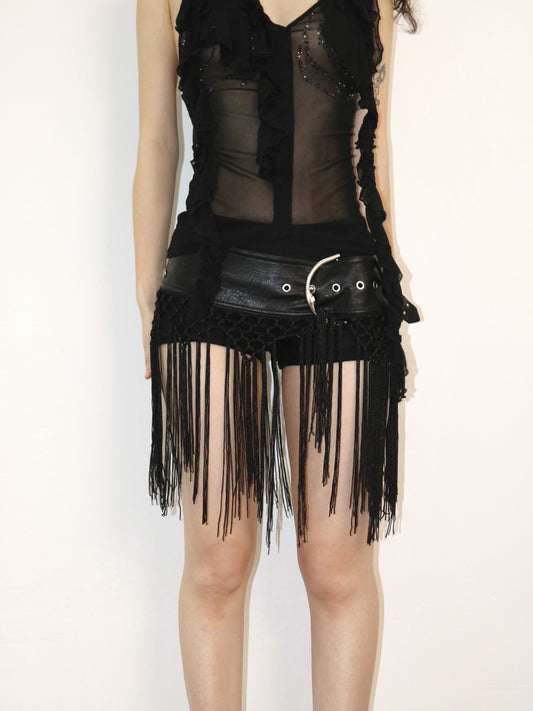 Studded Leather-Belt Crochet Fringe Skirt & Leggings Set