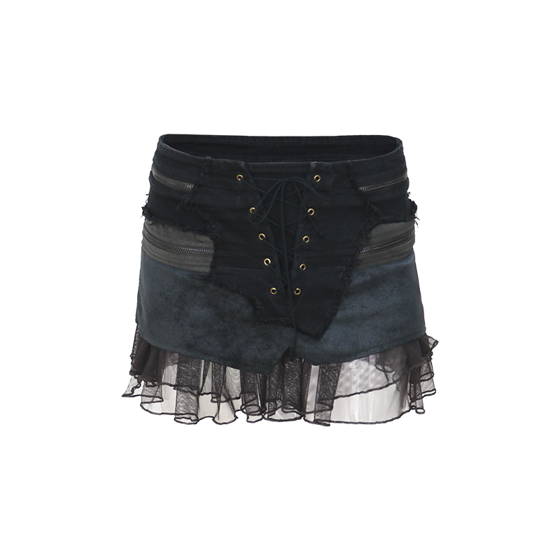 Distressed Wash Suede & Corduroy Paneled Mini Skirt with Zip Accents and Mesh Hem