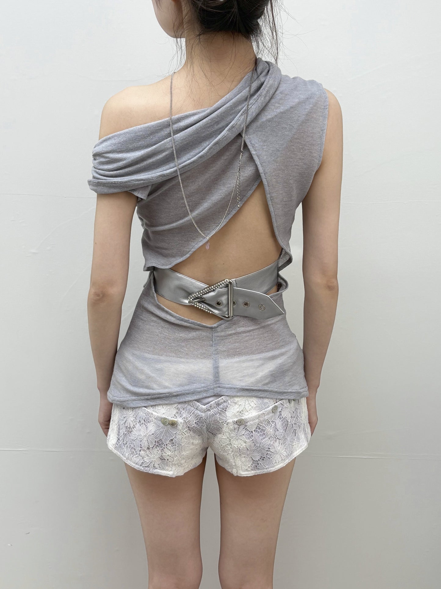 Stretch Knit Asymmetric Shoulder Draped-Neck Sequin Top
