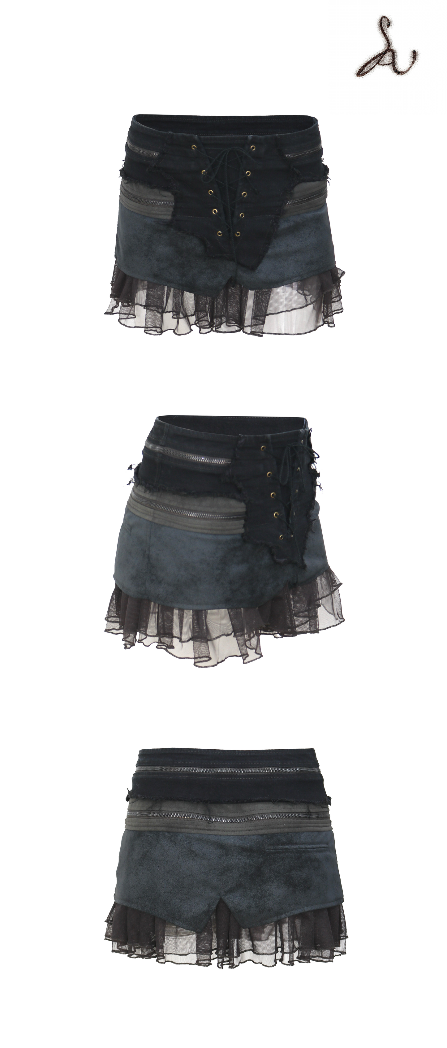Distressed Wash Suede & Corduroy Paneled Mini Skirt with Zip Accents and Mesh Hem