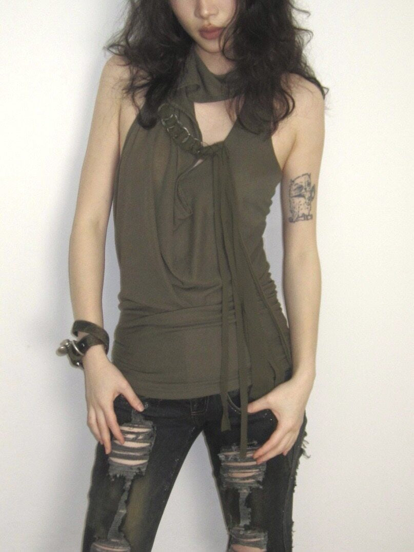 Stretch Knit Halter Top with Draped Cowl Neck