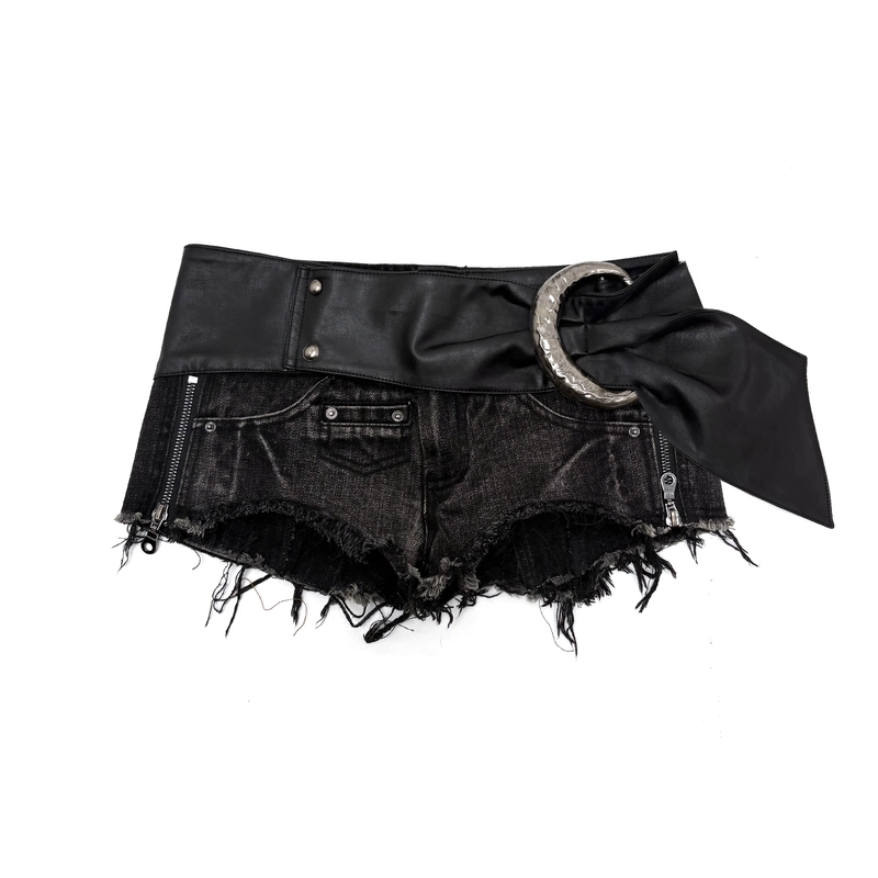 Distressed Denim & Leather Belt Panel Low-Rise Shorts