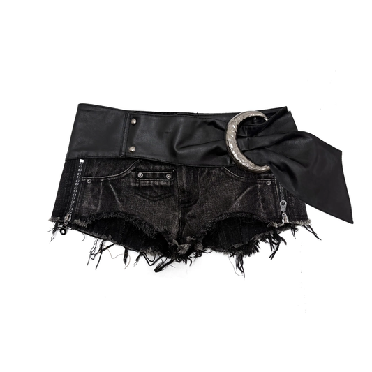 Distressed Denim & Leather Belt Panel Low-Rise Shorts