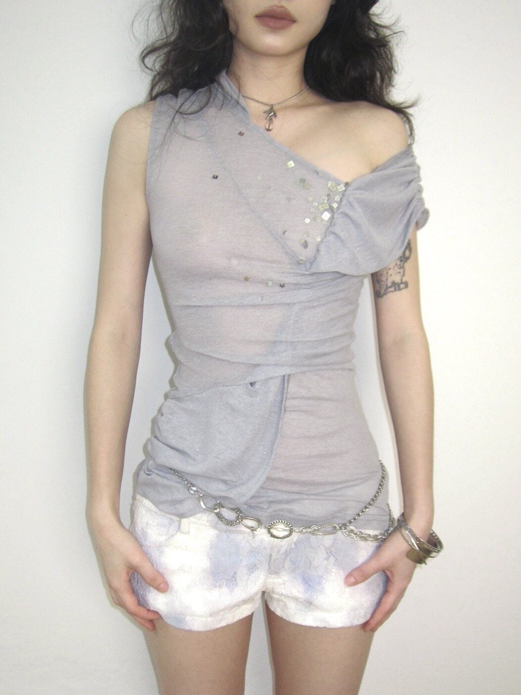 Stretch Knit Asymmetric Shoulder Draped-Neck Sequin Top