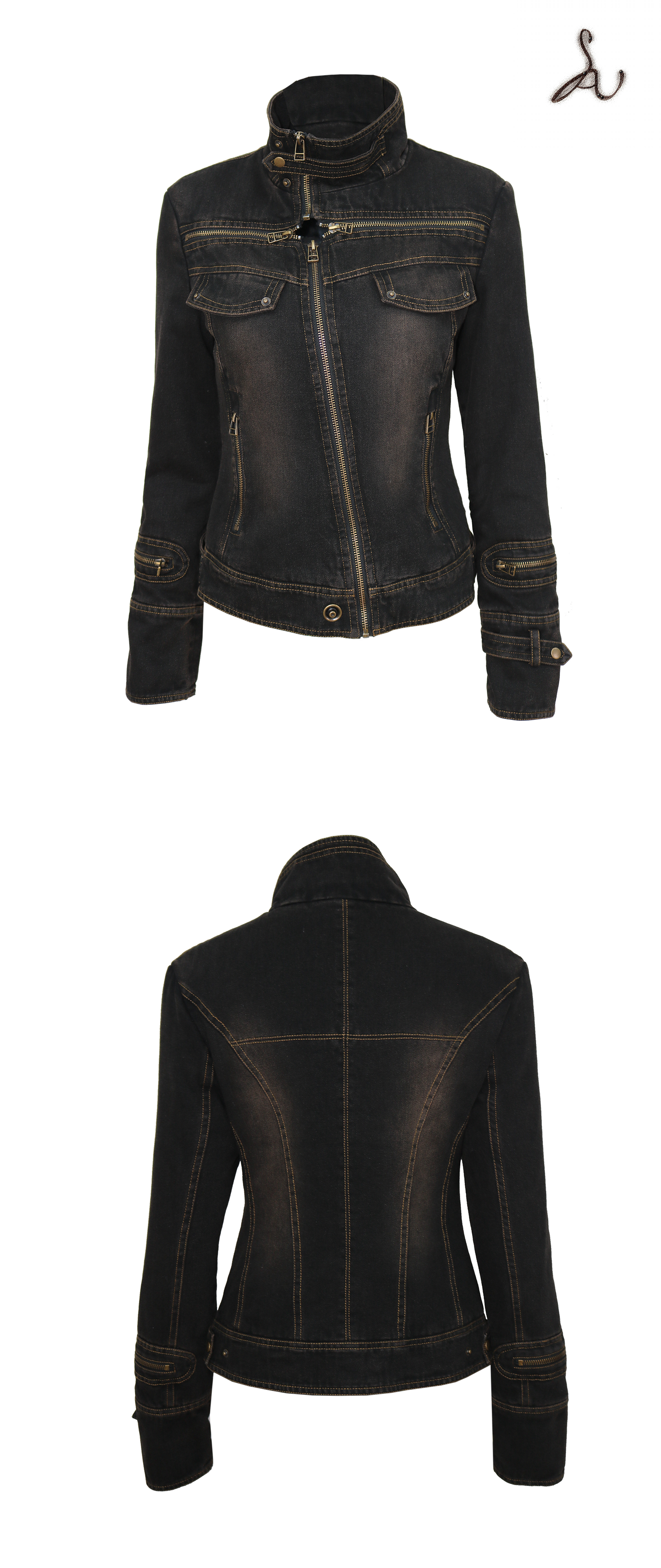 Distressed Washed Denim Jacket with Cross Zip and Quilted Lining