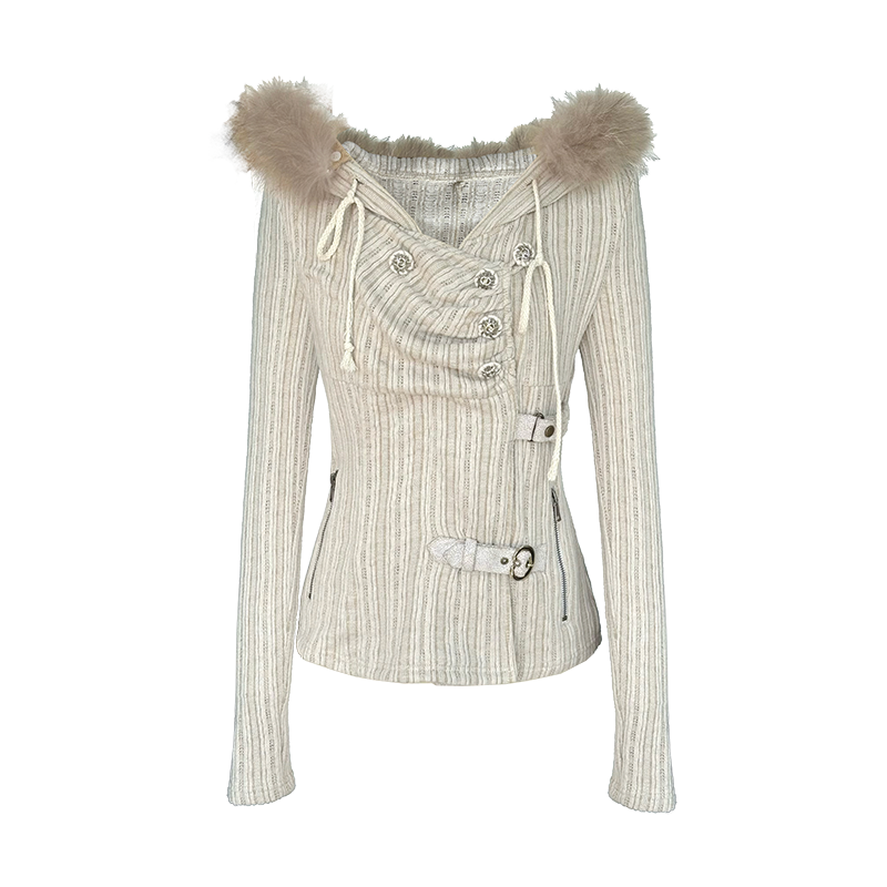 Hooded Stretch Knit Sweater with Fur-Lined Collar