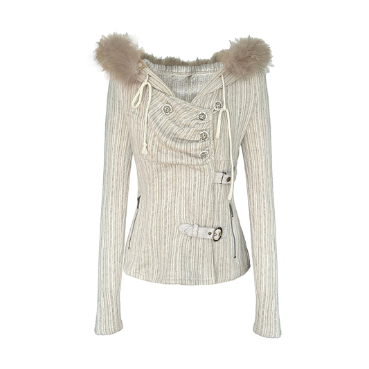 Hooded Stretch Knit Sweater with Fur-Lined Collar