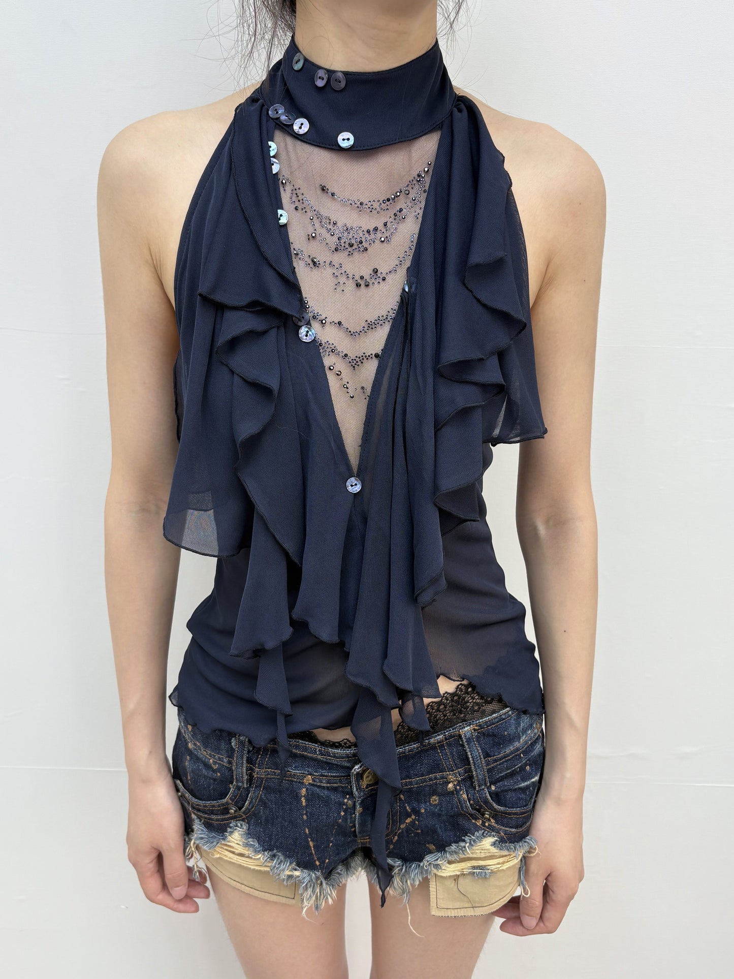 Rhinestone Ruffle Sheer Mesh Halter Top with Open Back