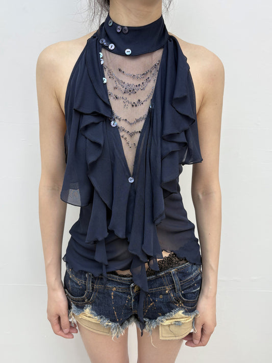 Rhinestone Ruffle Sheer Mesh Halter Top with Open Back
